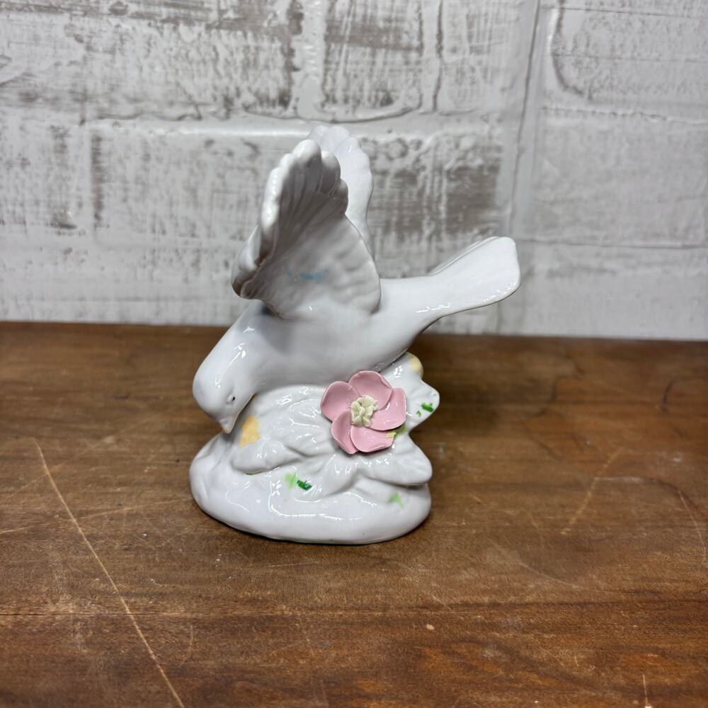 Vintage White Porcelain Dove Figurine with Pink Flower